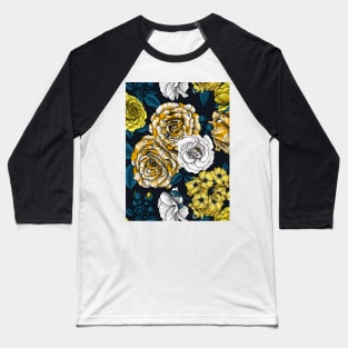 Yellow, white and bi-color roses with blue leaves on black Baseball T-Shirt